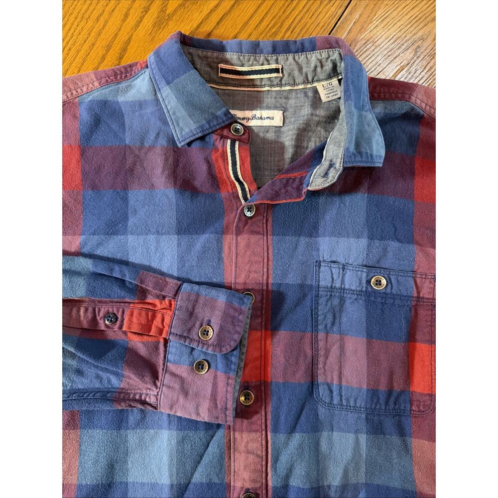 Tommy Bahama Men's Large Red And Blue Checked Plaid Button Down Shirt